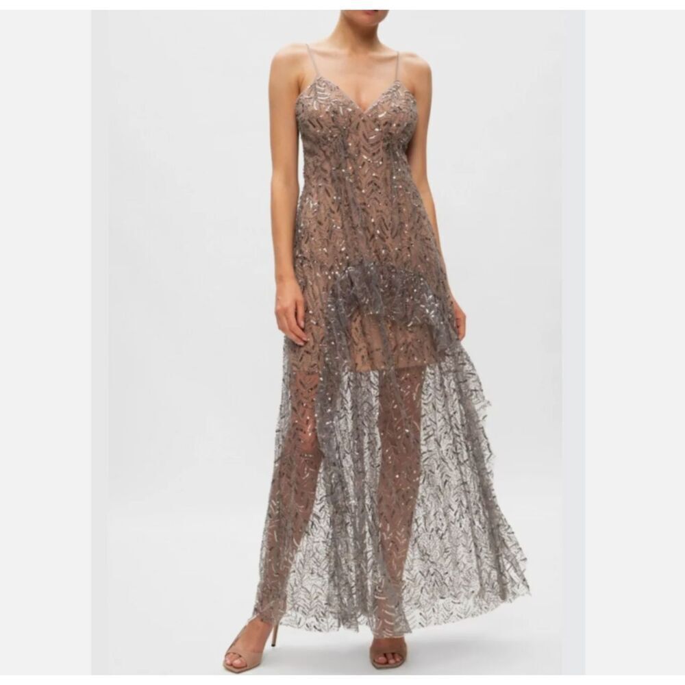 Self-Portrait Sheer Embellished Maxi Dress in Gray